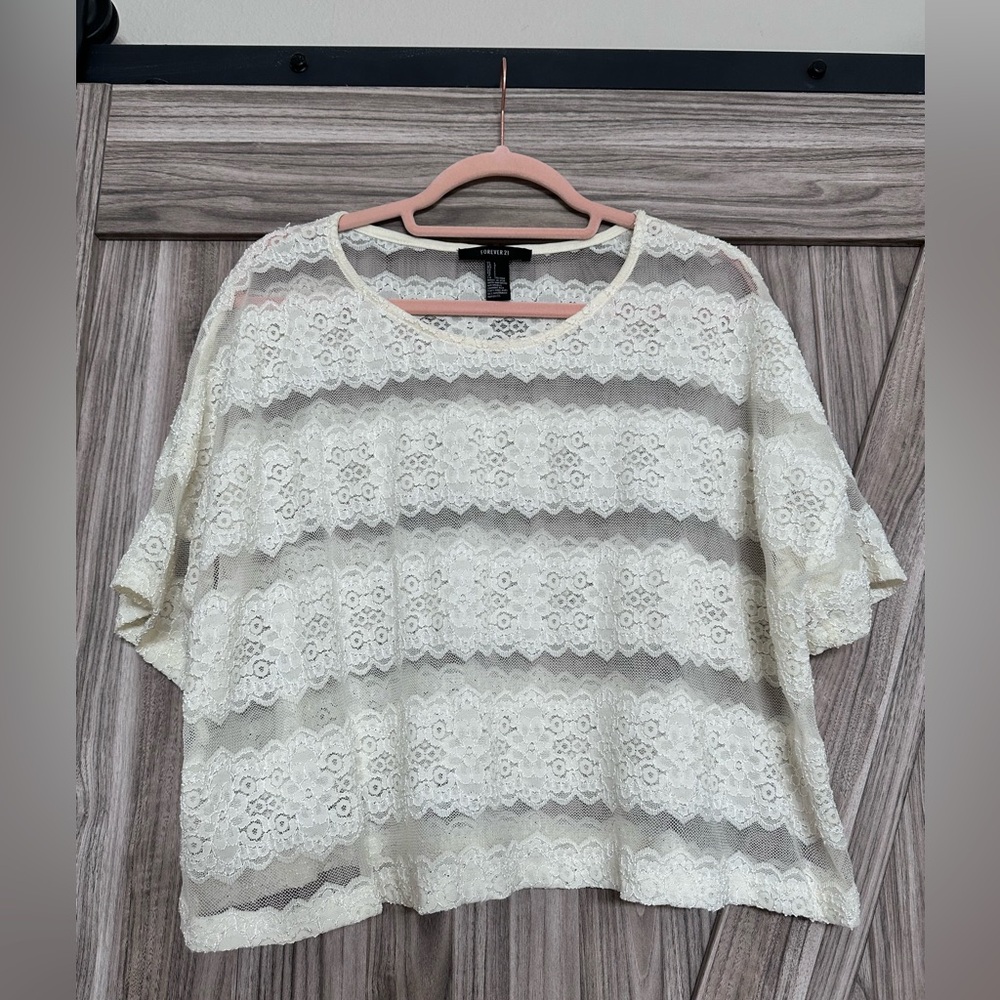 Forever 21 Ivory Lace Short Sleeve Blouse